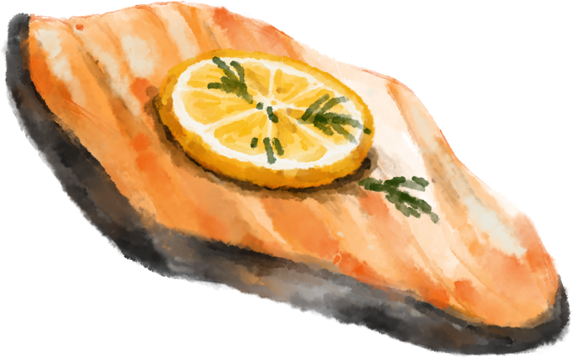 watercolor painting steak salmon fillet lemon thyme seafood illustration